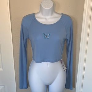 Blue Butterfly long sleeve crop top